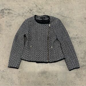 J Crew Tweed Zip Up Moto Jacket Black Fringed Size 8
